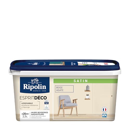 RIPOLIN - Peinture Intérieure Multi-Supports – Murs, Boiseries & Radiateurs – Ultra-Couvrante – Lessivable – Application Facile – Ecolabel - Satin - 2,5L - Beige Agate