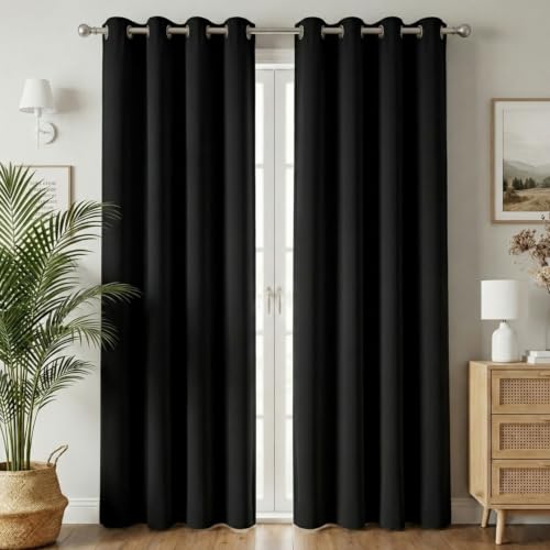 Image of 100% Blackout Window Curtains, 7 Feet, Solid Design, Faux Silk, Thermal Insulated, Noise Reducing Eyelet Door Curtain with Tie Back for Living Room & Bedroom, 115x210cm, Pack of 1 - Black