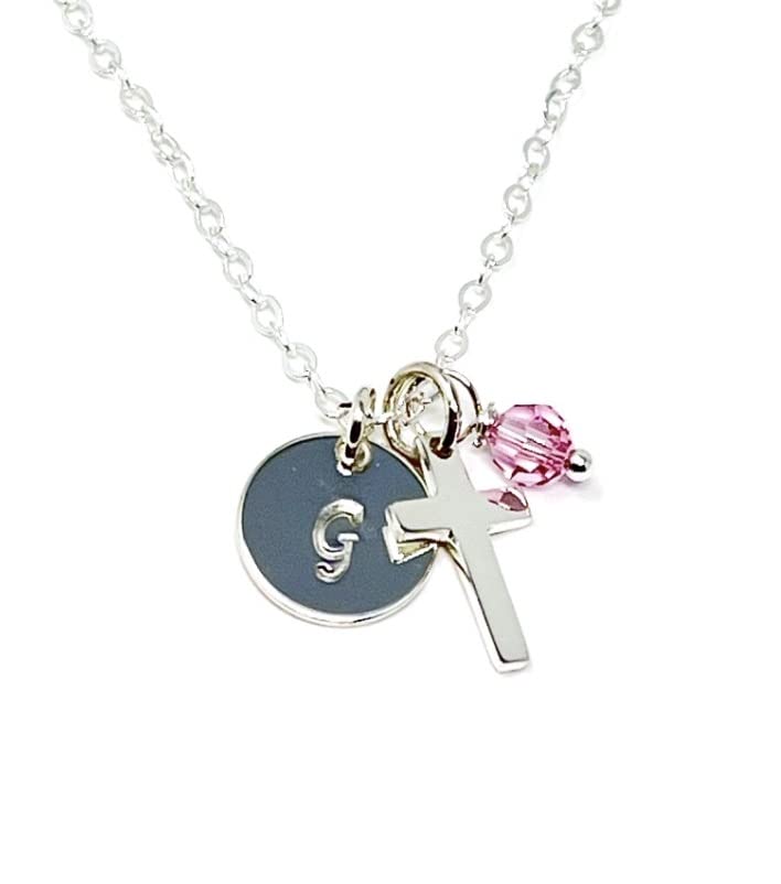 Goddaughter Holy Gift, Cross Initial Birthstone Necklace, Sterling Silver, Baptism or Confirmation Gift, First Communion for Little Girl Cross Necklace