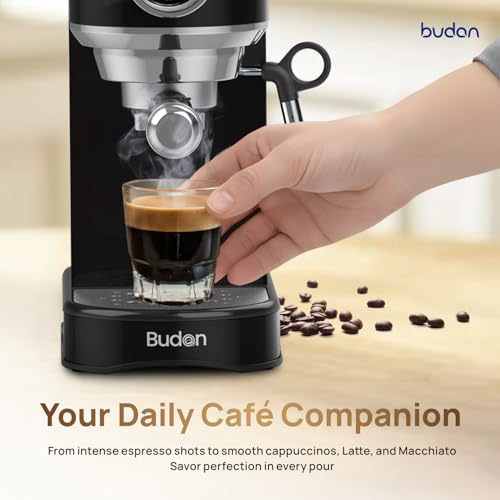 Image of Budan Bolt Espresso Machine | 19-Bar Pump | Milk Frother Wand for Espresso, Cappuccino, Latte & Mocha | Adjustable Frothing | Stainless Steel | Midnight Black | 1-Year Home Use Warranty only | 19 Bar Pump, Milk Frother Steam Wand for Cappuccino, Latte, 1450W Quick Heating, 1-Year Home Use Warranty