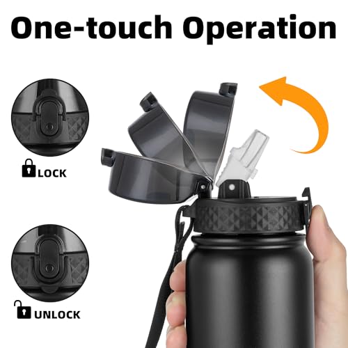 OLDLEY Stainless Steel Water Bottle with Straw 1L Vaccum Insulated Large Drink Flask Metal Water Bottles 1 Litre Leakproof Keep Drinks Hot Cold for Bike Sports Gym Adult Women Men(Black,1 Lid) - Image 5