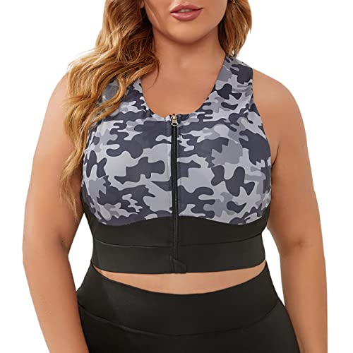 Blooming Jelly Womens Plus Size Sports Bra Zip Front High Impact Sports Bras High Neck Longline Workout Crop Tops (Large, Black Camo)