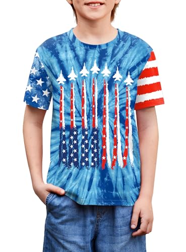 Image of BesserBay Unisex Kids 4th of July American Flag Tee Tie Dye Patriotic Short Sleeve Shirt 6-14 Years