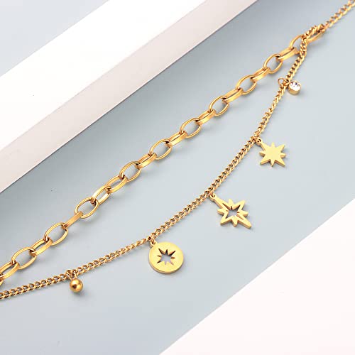 DASIQI Layered Bracelet for Women Girls Octagonal Stars Bezel-Set CZ Adjustable Chains (Gold, Stainless Steel) - Image 6