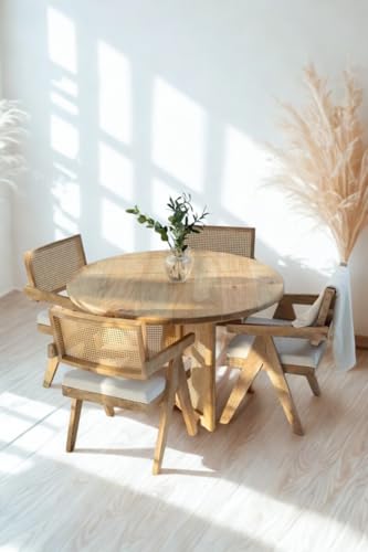 Image of Round Mango Wood Dining Table 4 Seater for Dinning Room, Living Room & Home Decor, Natural Colour, (120D x 120W x 76H Centimeters) (Only Dining)