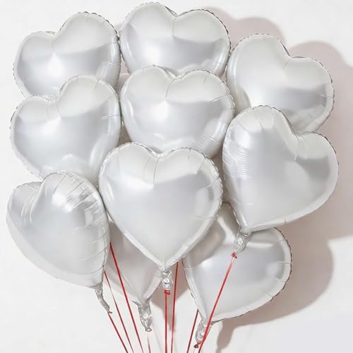 10Pcs Grey White Foil Heart Shaped Balloons 18 Inch Mylar for Baby Shower, Wedding, Valentine Decorations - Love Party Decor