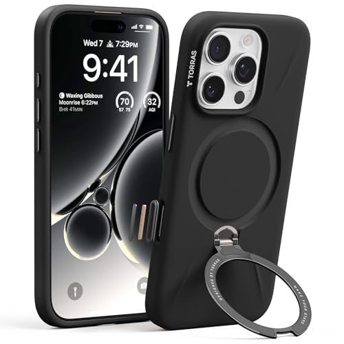 TORRAS Ostand Q3 Silikon für iPhone 16 Pro Hülle mit 360 Ständer Schwarz