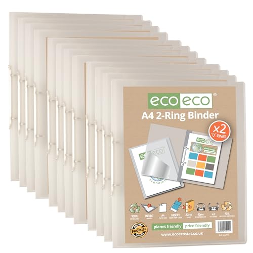 eco-eco A4 95% Recycled Presentation 22mm Spine 2 Ring Binder Clear, Pack of 12, eco112x12, 12 Folders