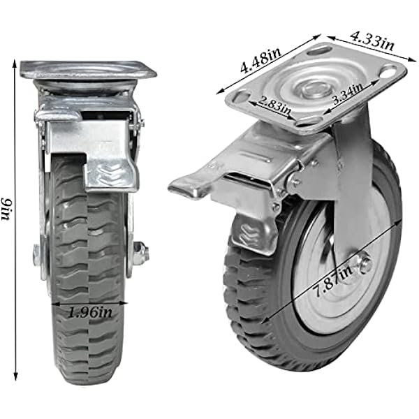 ybaymy Ruedas de 200 mm, 4 ruedas industriales de goma maciza, 2 ruedas giratorias de bloqueo 2 ruedas fijas con freno de 360 grados en ruedas de hasta 1000 kg para muebles y banco de trabajo