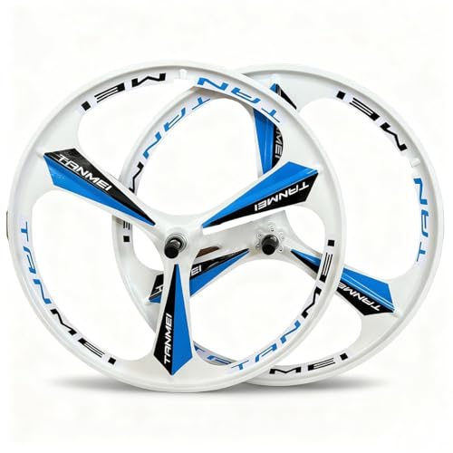 自転車ホイールセット 24/26/27.5/29インチ マグネシウム合金 ワンピース自転車ホイールセット 3スポークセットリム フロント&リアホイール 100x135mm 6〜9速対応 フリーホイール ディスクブレーキ(White Blue,26inch)