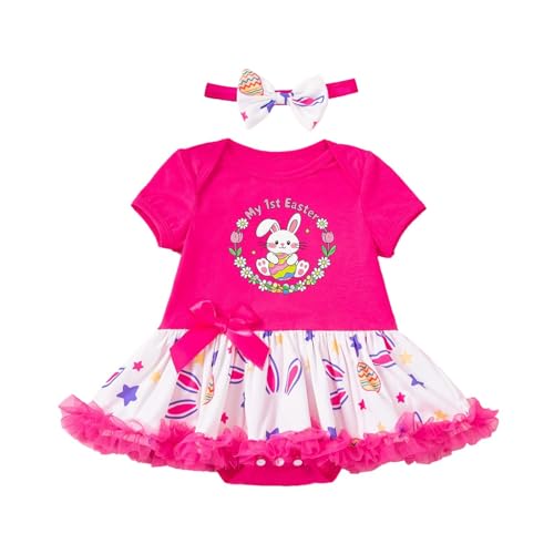 Generisch Cadena Transparente Nuevo Traje de Pascua de 2 Piezas para Bebé: Pelele Impreso con Conejito y Huevo y Accesorios para el Cabello Dulce Vestido de Fiesta para Niños Pequeños Body Baby 92