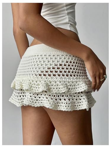 Milumia Women's 3D Floral Crochet Mini Skirt Low Waist Ruffle Layered See Through Beach Skirts3
