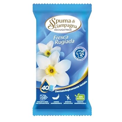 Foto di Spuma di Sciampagna - Foglietti Umidi Asciugatrice Fragranza Fresca Rugiada, Origini 100% Naturali e Biodegradabili, Dermatologicamente Testati con Azione Ammorbidente - 40 Foglietti