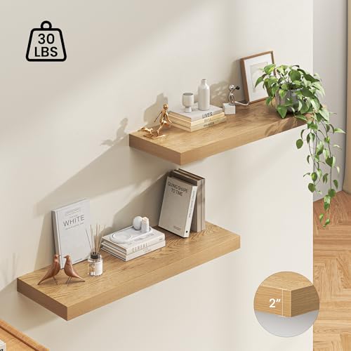 Image of Dreamland 40 inch Floating Shelves for Wall, 12 inch Deep Thicker Oak Floating Shelves, Wall-Mounted Shelves for Bedroom, Living Room, Kitchen, Bathroom - Set of 2
