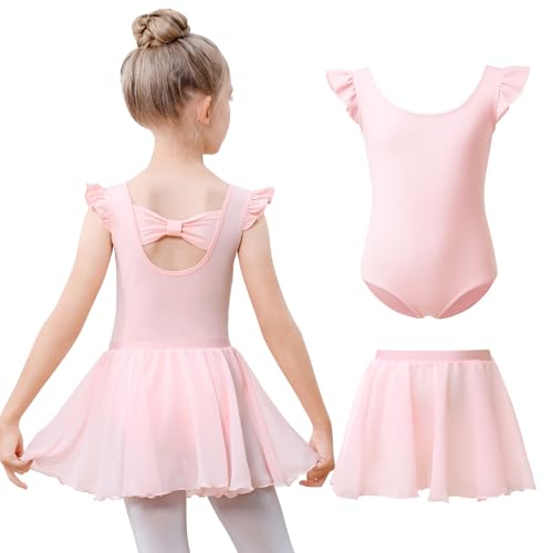 Kefiyis Ballettkleidung Mädchen Rüschenärmel Balette Kleidung Mädchen Baumwolle Ballett Trikot mit Abnehmbarem Rock Ballerina Ballettkleid Tanzkleid für 3-11 Jahre Rosa 120