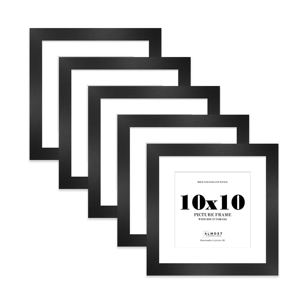 10x10" Black Square Frame With Mount for 8x8" Pictures 28mm Edge Frame Display with Wall Hooks and Kickstand, 5 Pack