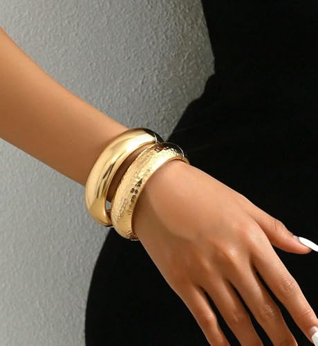 Image of Chunky Gold Bangle Bracelets for Women, Dainty 14k Gold Plated Big Stackable Bangles Set, Trendy Statement Cuff Bracelet Stack Fashion Jewelry Gifts