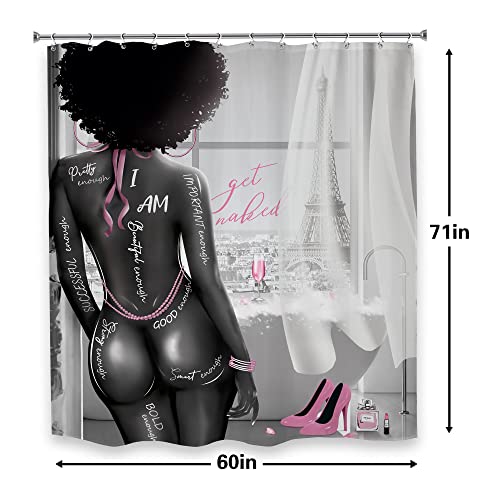Lghtyro African American Shower Curtain Bathroom Set 60Wx71H Inch Fashion Women Get Naked Afro Black Girl Pink Eiffel Tower Bathtub Bath Accessories For Women Girls Fashioner Perfume Art Home Decor #TOP4