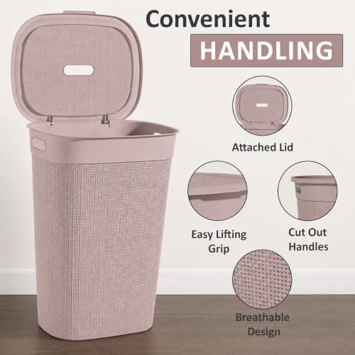 Image of KITCHIVO Plastic Large 55 Ltr Laundry Basket with Lid & Handle | Multipurpose Hamper Bins Storing Washable Clothes, Blankets | Household Ideal for Home & Bathroom (Woods Blush Pink)