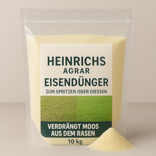 Heinrichs Agrar Moosfrei Eisendünger zum spritzen 10 kg - einfach im Wasser auflösen und auf den Rasen spritzen - verdrängt Moos zuverlässig - Rasendünger ganzjährig, Frühling Sommer Herbst