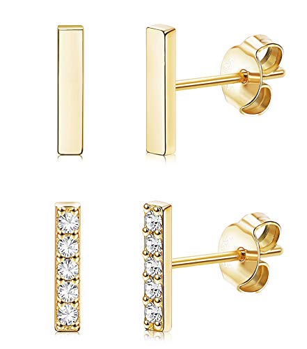 Sllaiss Sterling Silver & Gold Plated CZ Bar Earrings Set - Tiny Studs & Huggie Cartilage