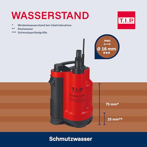 T.I.P. Schmutzwasser Drainage Tauchpumpe (Schächte ab 22 x 22 cm, 13.000 l/h Fördermenge, 9 m Förderhöhe, 0,9 bar Druck, 750 W, integrierter Schwimmer, vertikaler Pumpenausgang) I-Compac 13000, 30191