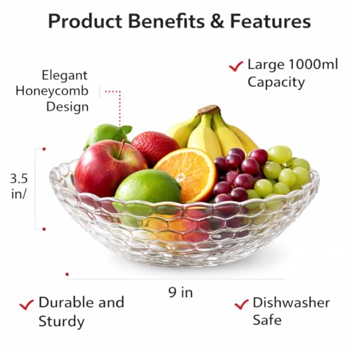 Image of Pure Source India Premium Glass Fruit Bowl - 9 Inch Decorative Serving Bowl (1000ml Capacity)