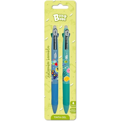Grafoplas - Set 2 Bolis Borrables Bits&Bobs 4 en 1, Tinta Gel Azul, Negro, Rojo, Verde, Punta Retráctil 0,7mm, Modelo Verde-Azul, Incluye Goma, Escritura Limpia, Material Escolar Ideal Niños