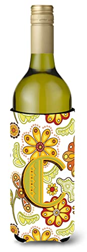 Caroline's Treasures CJ2003-CLITERK Letter C Floral Mustard and Green Wine Bottle Hugger Bottle Cooler Sleeve Hugger Machine Washable Collapsible Insulator Beverage Insulated Holder