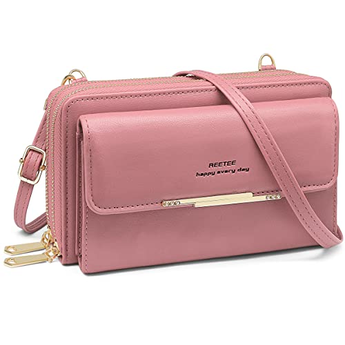 Bolso de Teléfono Móvil para Mujer Bolso Bandolera Móvil Bloqueo RFID Cartera de Mujer Cuero PU Bolso Movil Mujer con Monedero, Cremallera doble Billeteras Mujer con 24 Ranuras para Tarjetas (rosado) Cover