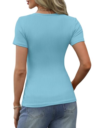 GKBK Summer Tops for Women 2025 Trendy Outfits Ribbed Short Sleeve T Shirts Fitted Tight Basic Tees Tshirts Dressy Casual Button Down Going Out Tops Light Blue M — view 4