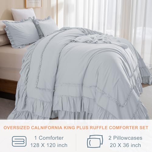 Image of QSH Light Blue Ruffle Oversized King Comforter 128x120,3PCs Farmhouse Shabby Vintage Chic Ruffled Bed Comforter Set French Country Rustic California King Bedding Comforter Set Soft and Lightweight