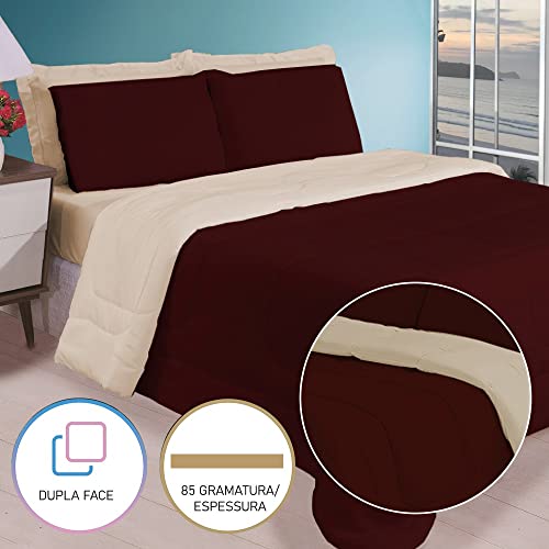 Jogo de Cama Casal Enxoval com Edredom e Jogo de Lençol 6 Peças (Marrom e Bege)