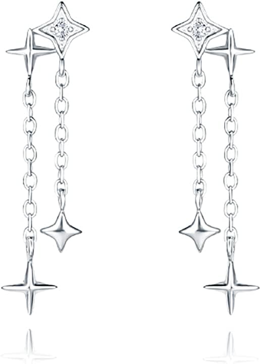 Reffeer 925 Sterling Silver Star Tassel Chain Earrings Drops for Women Teens