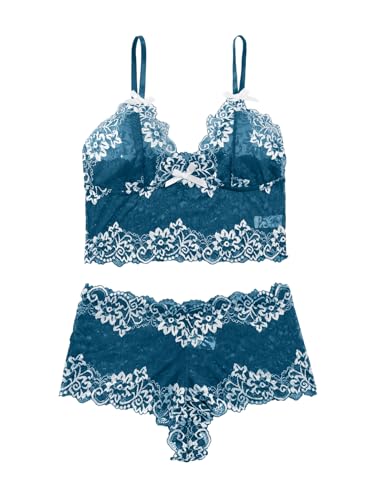 Image of Lilosy Sexy Lingerie for Women Lace Pajamas Set Cami Bra and Panty High Waist Sheer Sleepwear 2 Piece 2XS-6XL