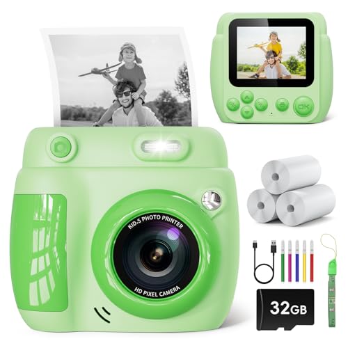 LETSHAHA Kids Camera Instant Print,2.4'' LCD Screen 1080P 20MP Kid Instant Camera with 32GB Card,3 Printing Paper,5 Color Pen, Christmas Birthday Gifts Kids Toys for Girls & Boys Aged 3-12 (Green)