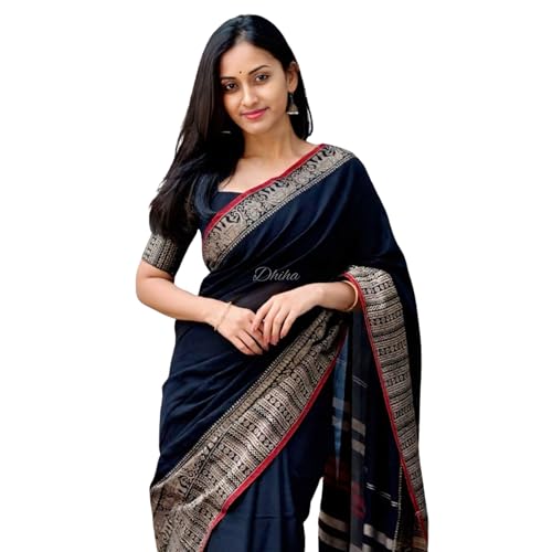 Image of Narayanpet Pure Cotton Avani Border Saree for Women with Running Blouse | Tassels | Traditional Woven Solid Design | Handloom Weave