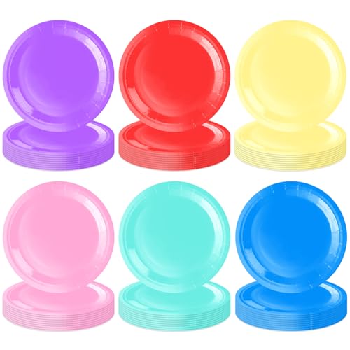 Colored Paper Plates,60Pcs 7Inch Rainbow Paper Plates,Party Decorations Tableware Set,Round Colorful...