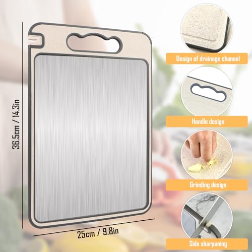 AKONE Edelstahl Schneidebrett, Doppelseitiges Schneidebrett Edelstahl, Stainless Steel Cutting Board Mit Schleifstein, Küche Schneidebretter mit TrageGriff, Rutschfest, Spülmaschinenfest