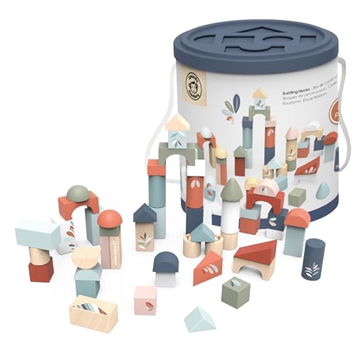 Speedy Monkey 691009 Holz-Bausteine-Set mit Steckspiel, 50 verschiedenfarbige Holzklötze, Holzspielzeug für Kinder ab 12 Monaten, Motorikspielzeug
