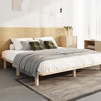 Oikiture King Size Bed Frame Wooden Bed Base Solid Wood Frame Platform Bed