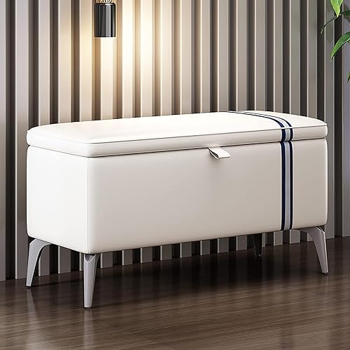 Banco de cuero blanco con almacenaje y baúl rectangular de madera maciza para entrada 2