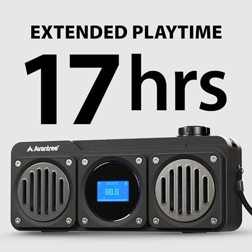 Avantree Boombyte - Przenośne radio FM z głośnikiem Bluetooth, mocny dźwięk, metalowe wykończenie, odtwarzacz MP3, Micro SD i USB audio, długi czas pracy, ładowalne, łatwe w użyciu - Czarny