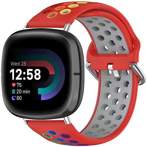 Pailebi Rainbow Bands Replacement for Fitbit Versa 3 Strap/Versa 4 / Sense Women Men Silicone Colorful Sport Waterproof Quick Release Breathable Bracelet (Sense, Red/Rainbow) Cover