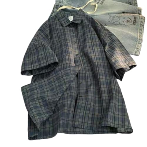 Mens Plaid Short Sleeve Teens Harajuku Vintage Aesthetic Baggy T-Shirts4