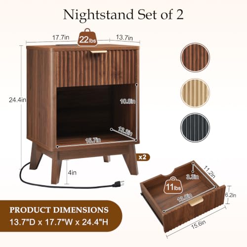 Image of LYNCOHOME 17.7 inch Tall Nightstand with Charging Station,Set of 2, Walnut