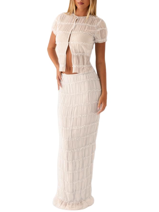Women Y2k 2 Piece Maxi Skirt Set Ruched Short Sleeve Crop Top Flowy Ruffle Long Skirt Outfits Beachwear