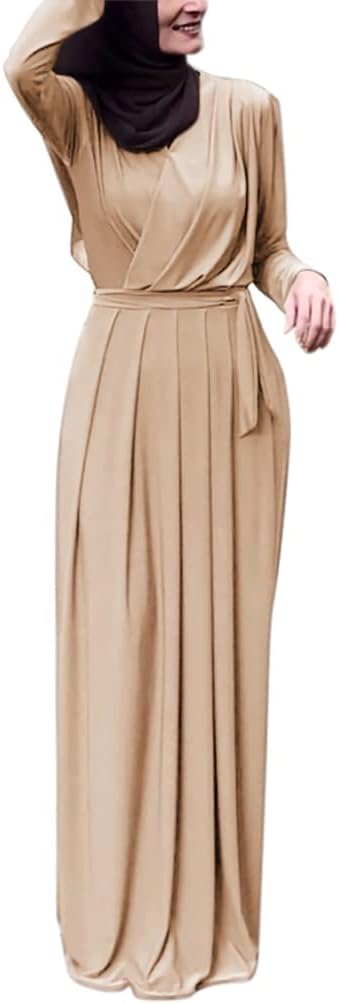 FPOVFPO Women's Muslim Abaya Dress - One-Piece V Neck Belt Tie Islamic Full Length Kaftan Daily Casual Dress