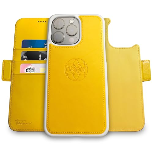 Image of dreem Fibonacci Compatible with iPhone 14 Pro Max Wallet case / 2-in-1 Shockproof case and Detachable Vegan Leather Folio, MagSafe Compatible, RFID Protection [Yellow]