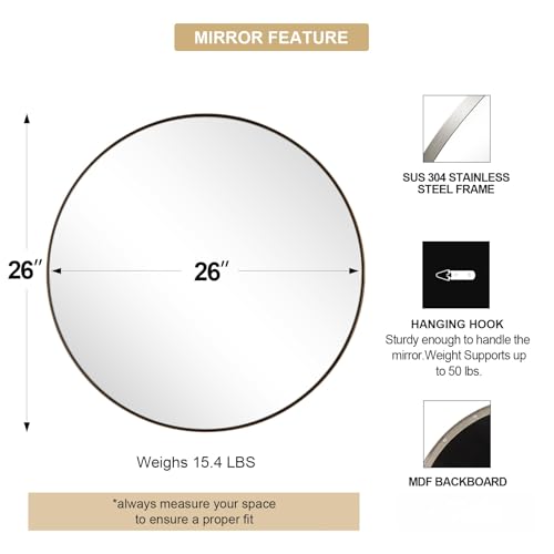 Image of ANDY STAR Nickel Round Mirror, 26 inch Brushed Nickel Round Mirror, Sliver Circle Bathroom Mirrors in Stainless Steel Metal Frame 1 inch Deep